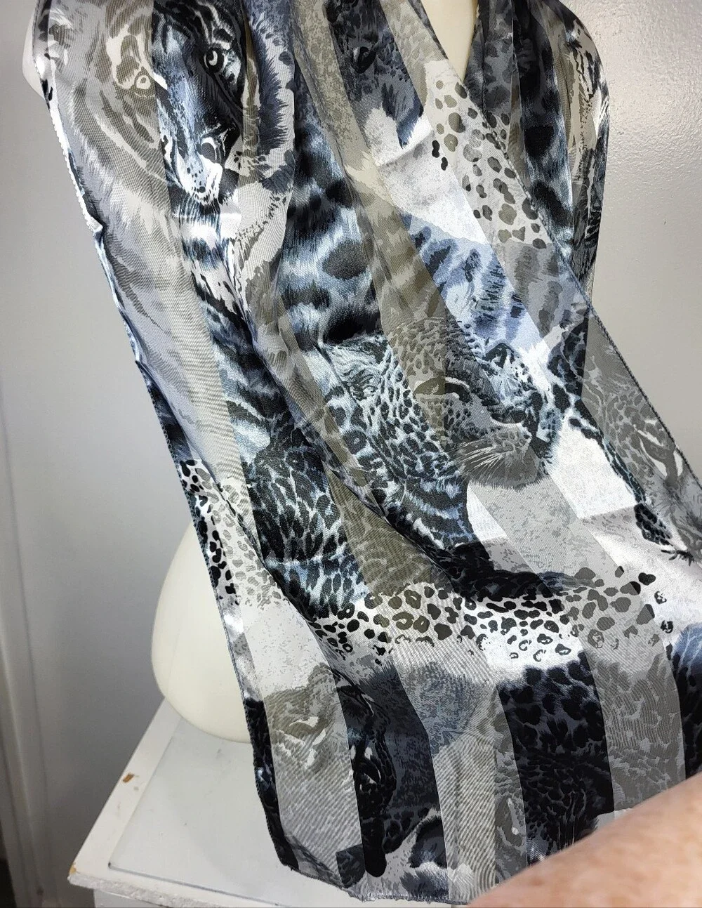 Silk Feel Sheer Black and White Animal Print Lightweight Scarf 13